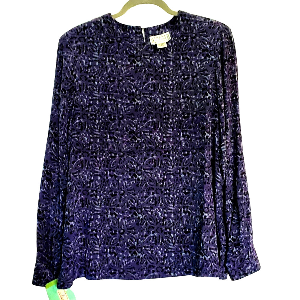 Vtg NWT 100% Silk Blouse S Purple Ikat 80's Deadstock Careerwear Whimsigoth Top